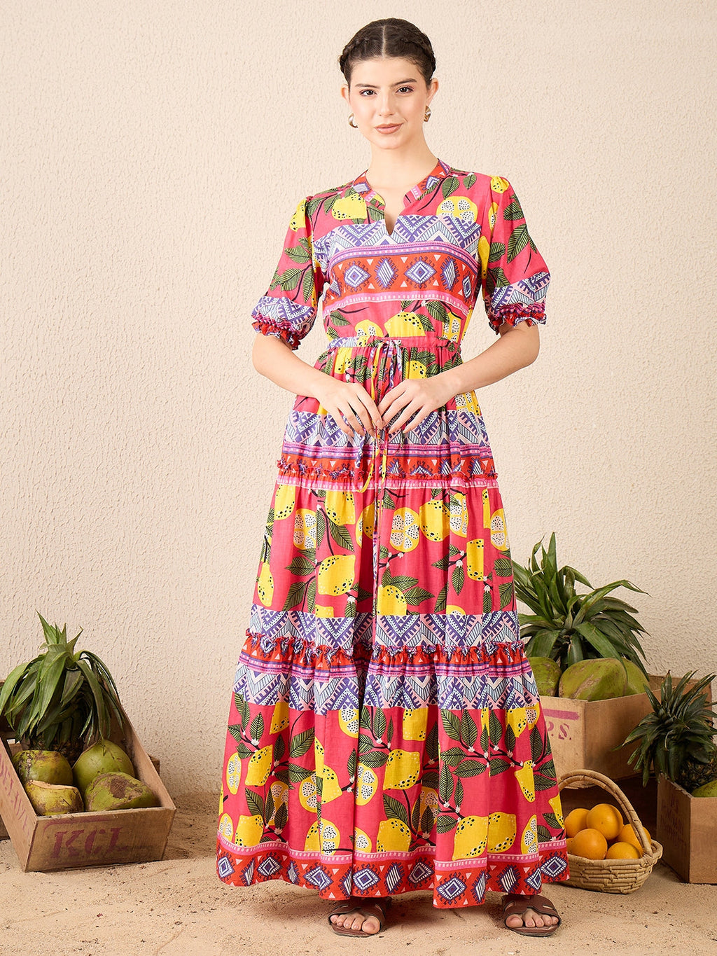 Puffed Sleeve Tiered Cotton Maxi Dress