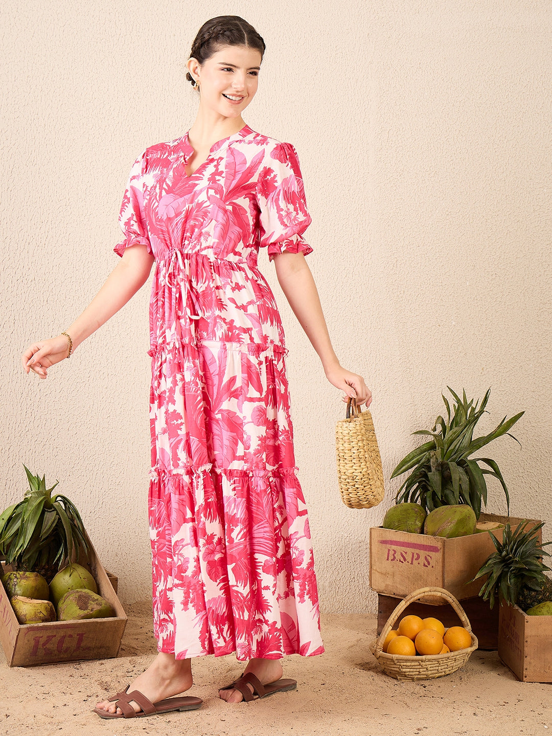 Puffed Sleeve Tiered Cotton Maxi Dress