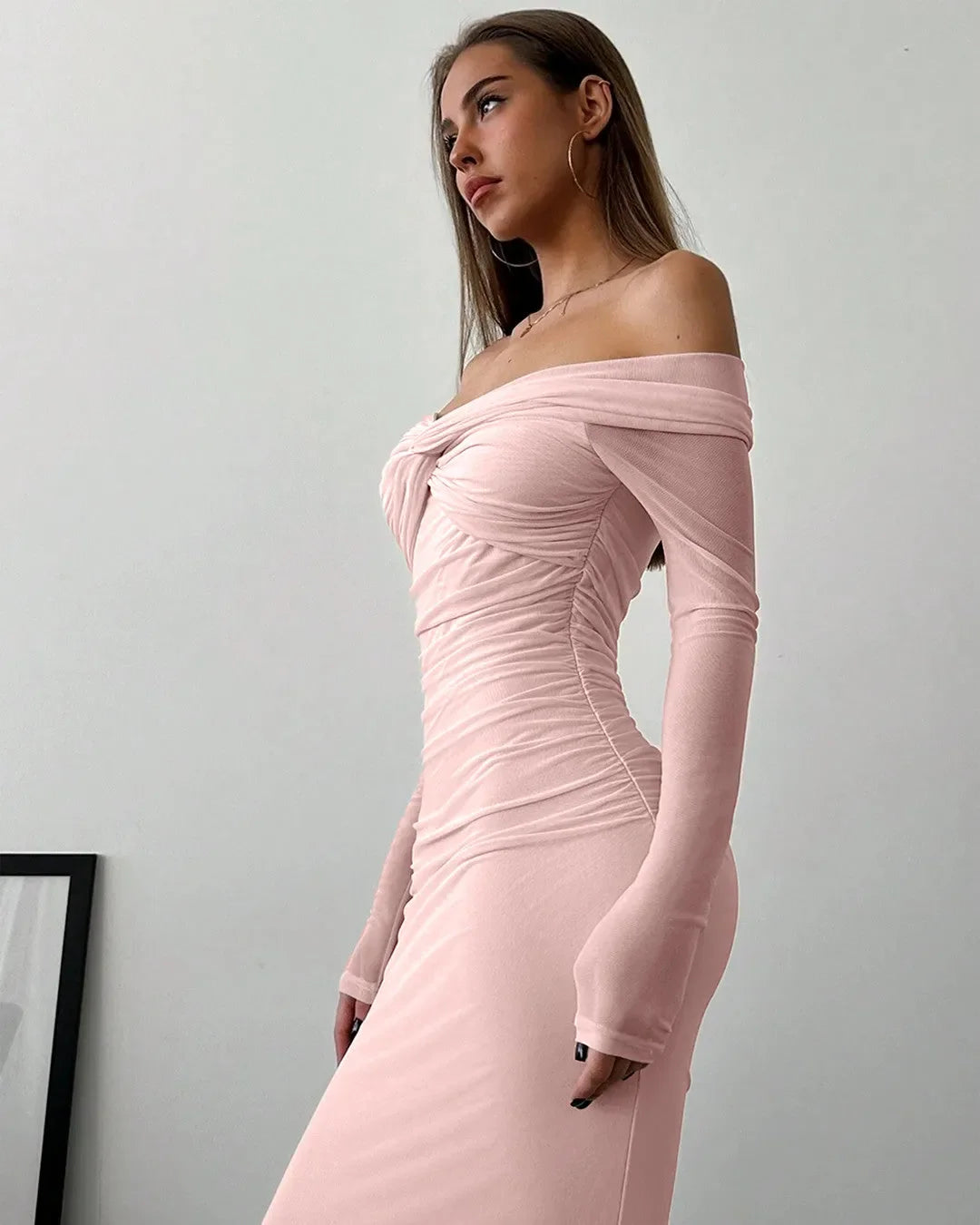 Off Shoulder Mesh Ruched Fitted Dress With Long Sleeve In Light Pink