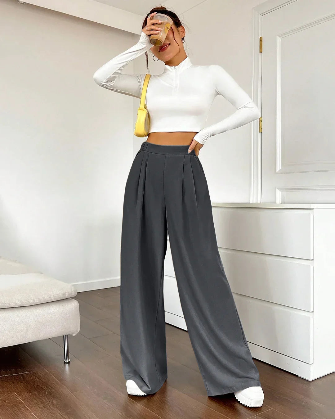 High-Rise Wide-Leg Trousers with Pockets in Dark Grey