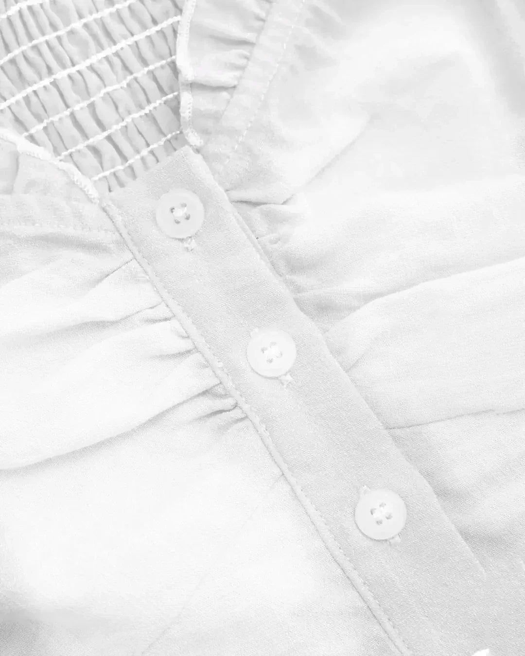 White Ruffle Trim Ruched Button Front Top