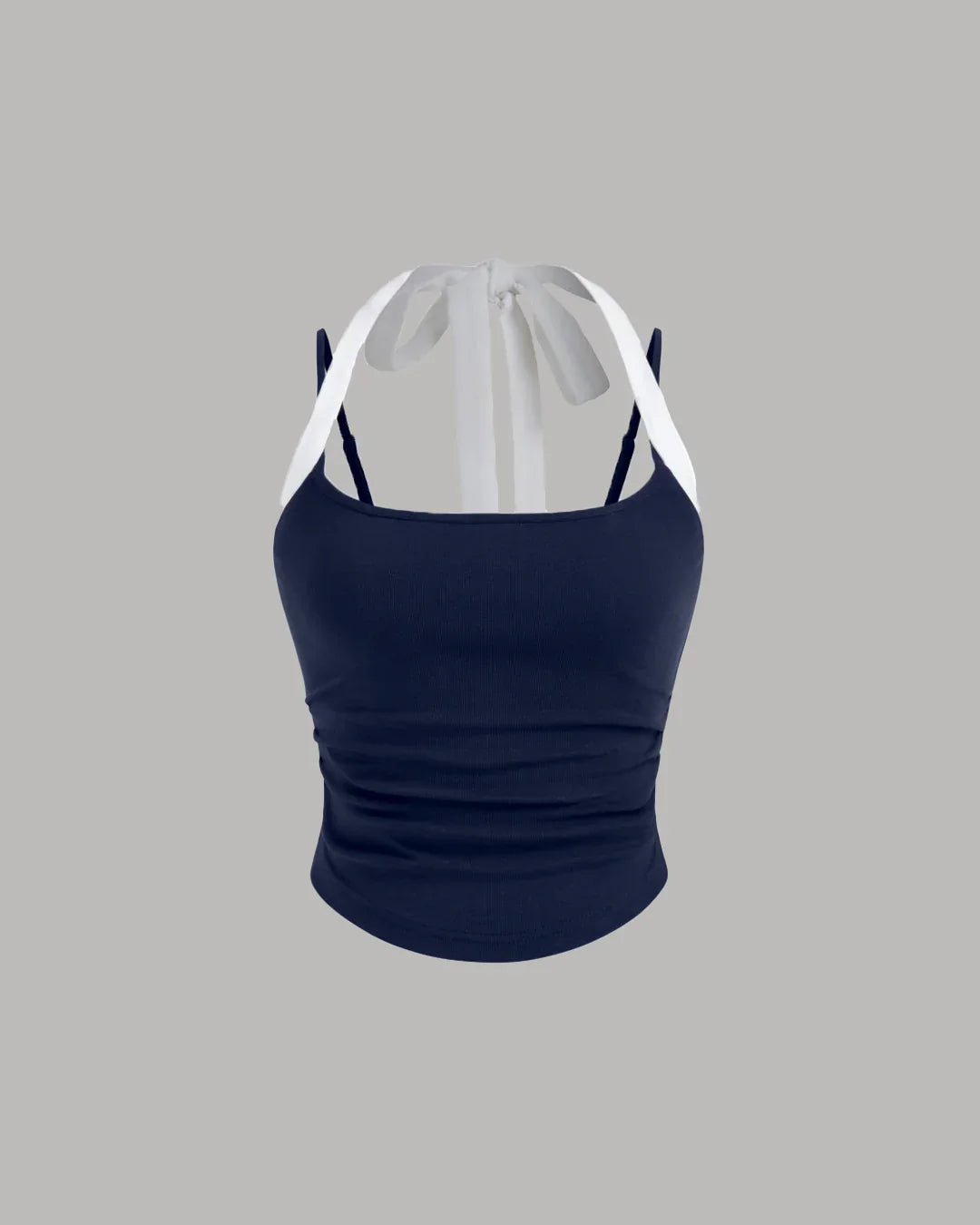 Navy Blue Ruched Halter Neck Knotted Cami Top