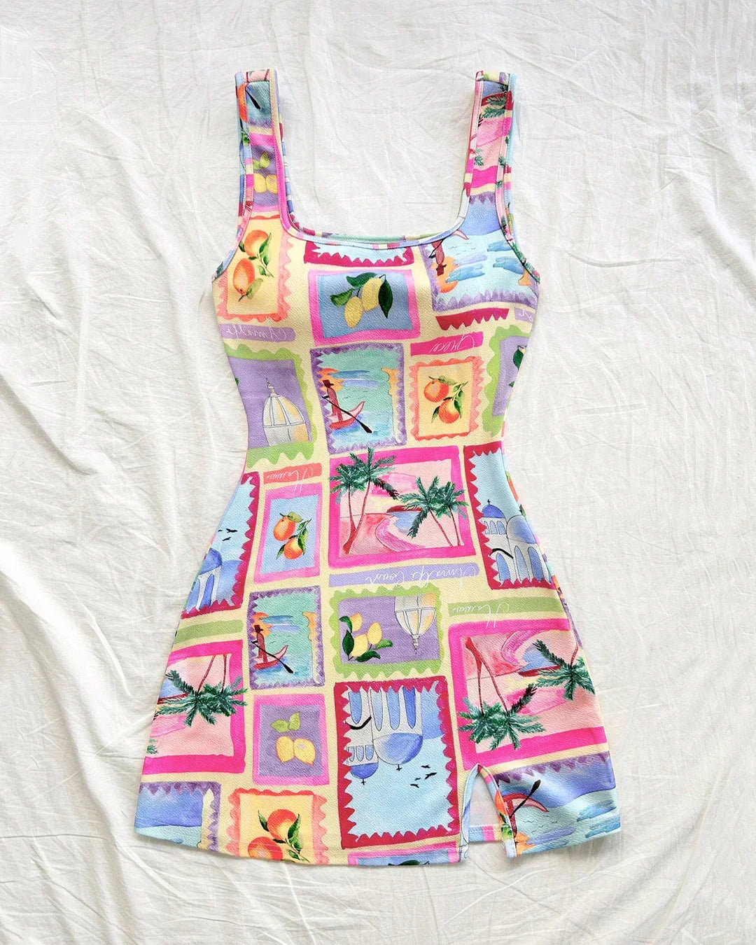 Y2K Travel Print Scoop Neck Mini Dress