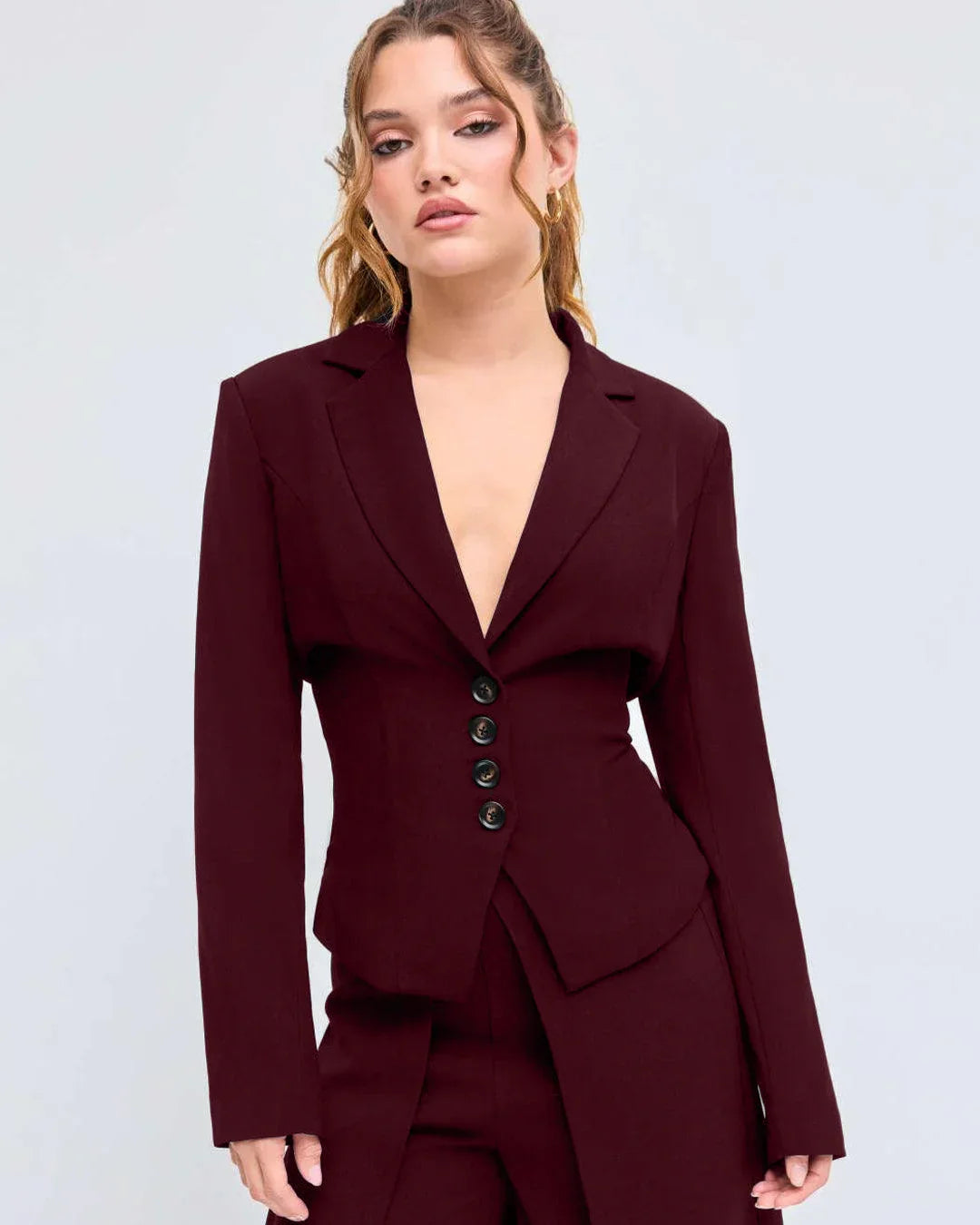 Woven Collar Solid Lace Up Button Blazer In Burgundy