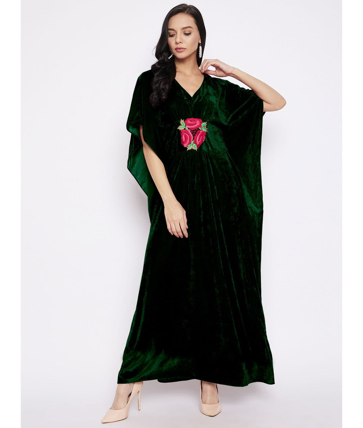 Stretchable Velvet Kaftan with Floral Embroidery - Pinkkup