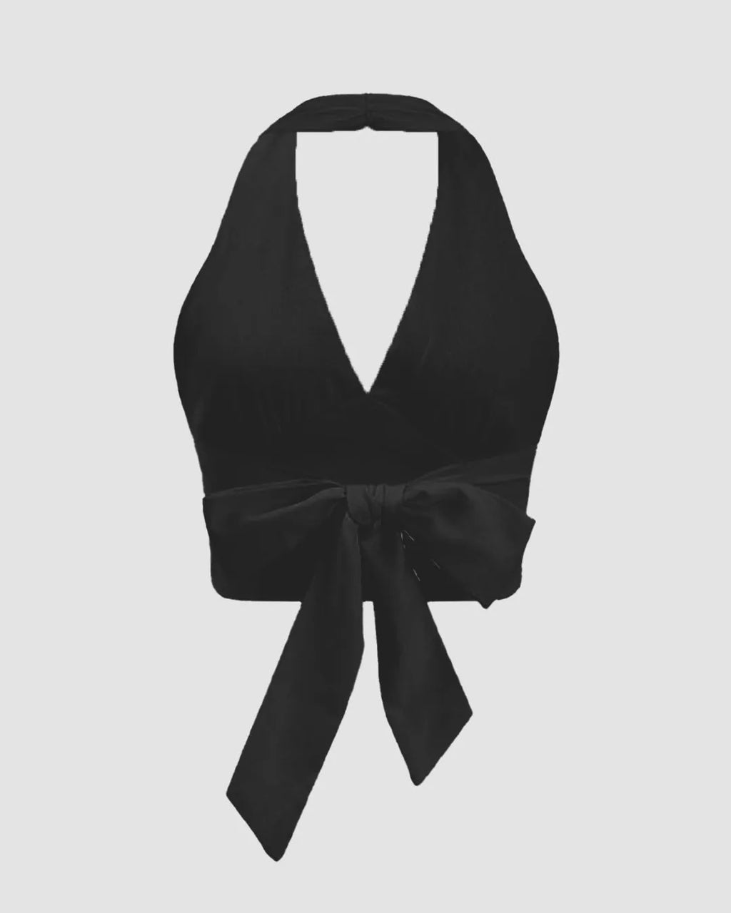 Solid Color Ruched Halter Neck Tie-Back Crop Top In Black