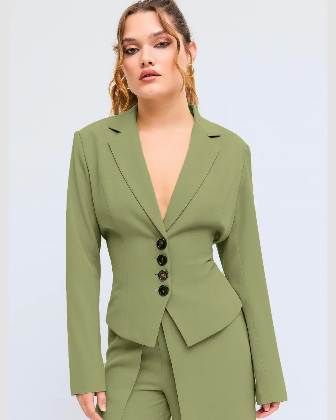 Woven Collar Solid Lace Up Button Blazer In Herbal