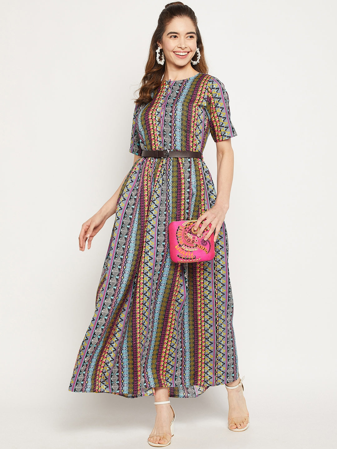 Printed Maxi Dress with Belt