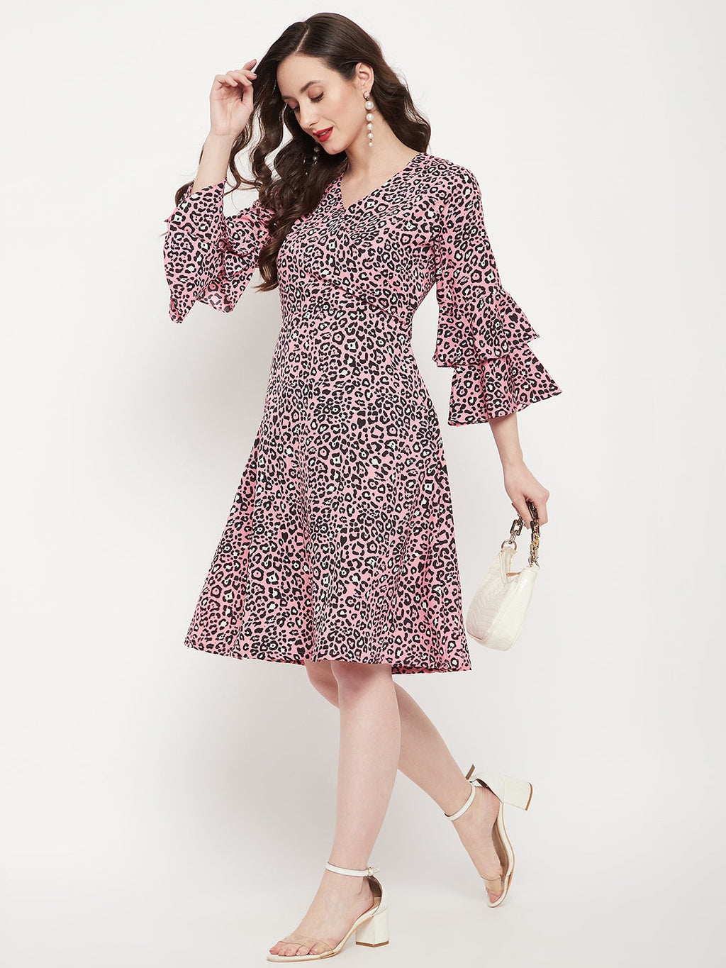 Wrap Bell Sleeves Skater Dress - Pinkkup