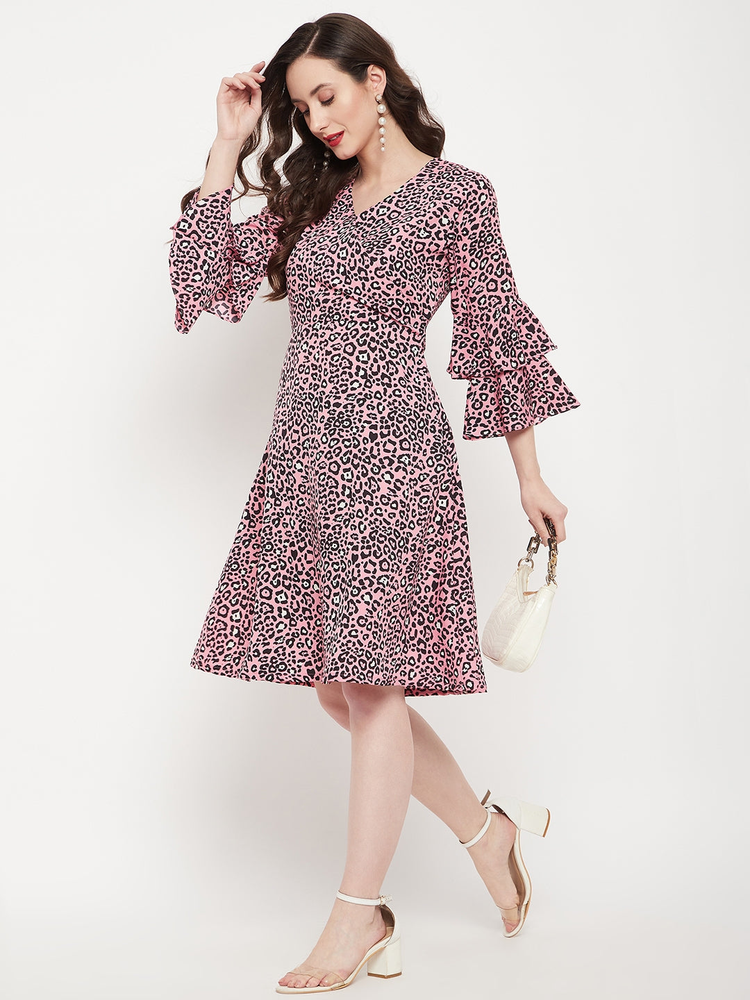 Wrap Bell Sleeves Skater Dress - Pinkkup