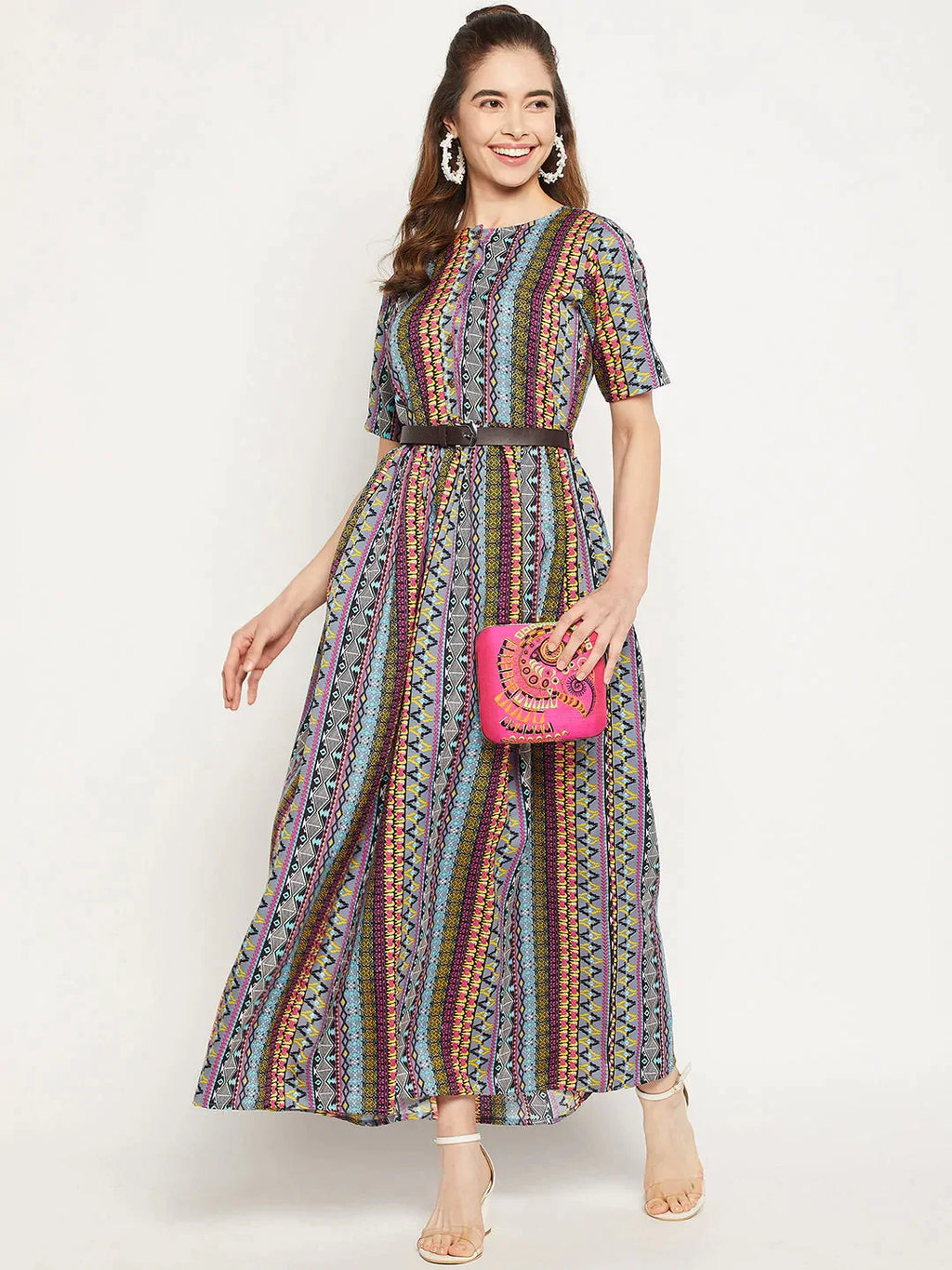 Printed Maxi Dress with Belt