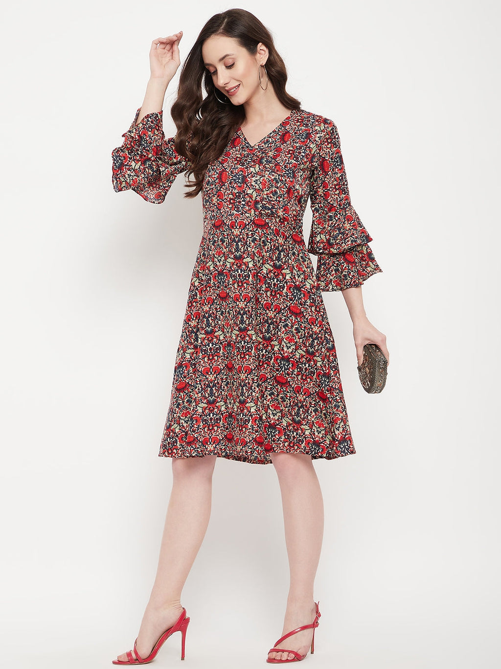 Wrap Bell Sleeves Skater Dress - Pinkkup