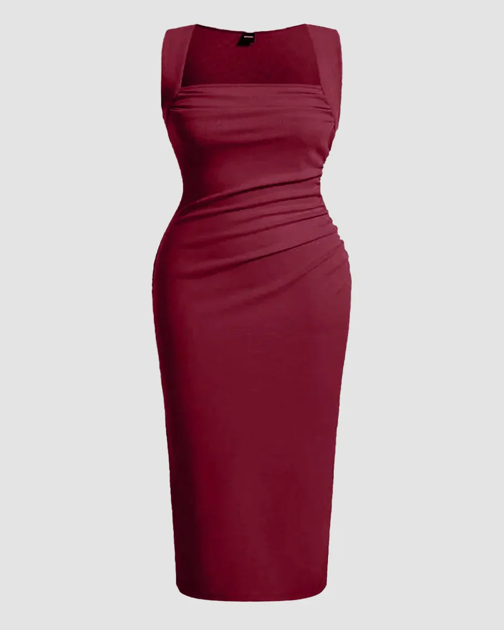 Solid Ruched Sleeveless Ribbed Knit Dress In Maroon Curve & Plus