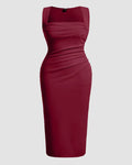Solid Ruched Sleeveless Ribbed Knit Dress In Maroon Curve & Plus