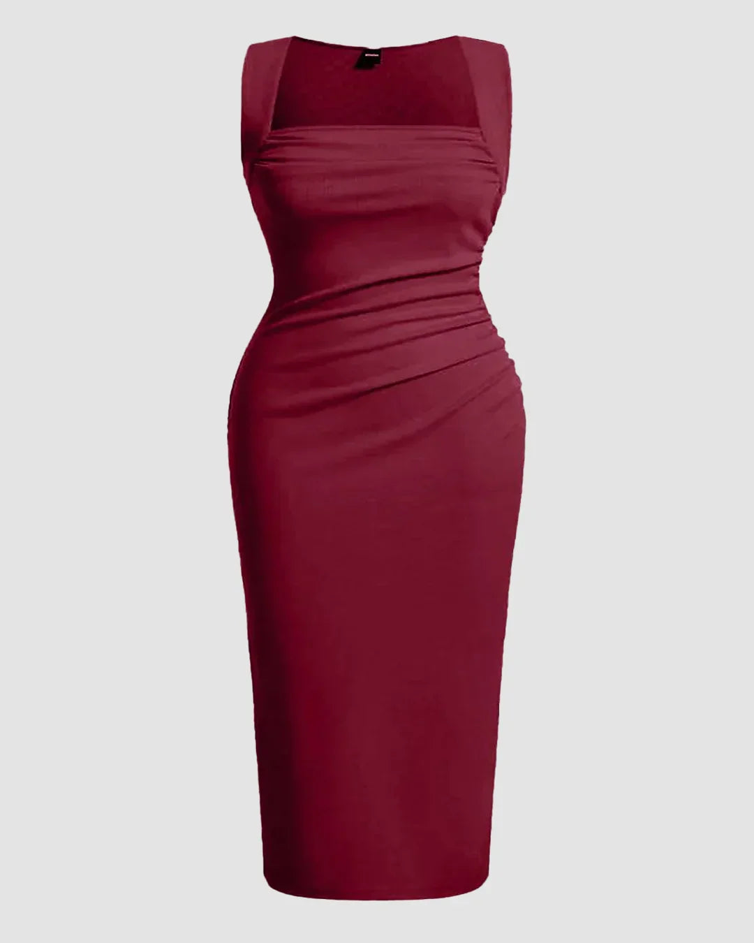 Solid Ruched Sleeveless Ribbed Knit Dress In Maroon Curve & Plus