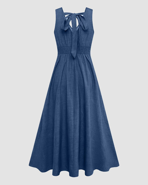 Blue V-Neck Button-Down Bow Back A-Line Midi Dress Curve & Plus