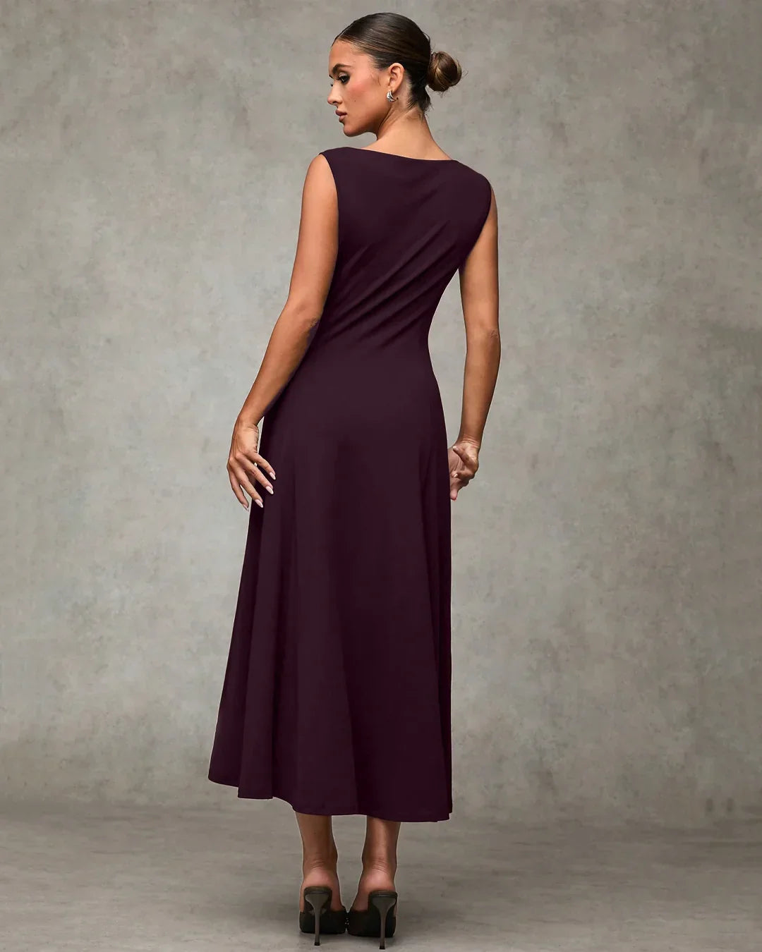 Sleeveless Fit and Flare Midi Dress in Purple
