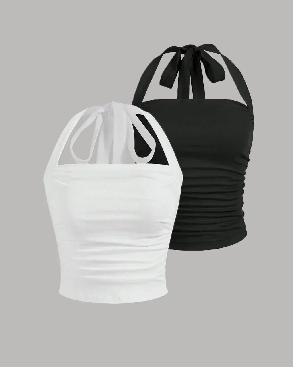Ruched Strappy Back Halter Crop Tops Combo in White and Black