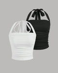 Ruched Strappy Back Halter Crop Tops Combo in White and Black