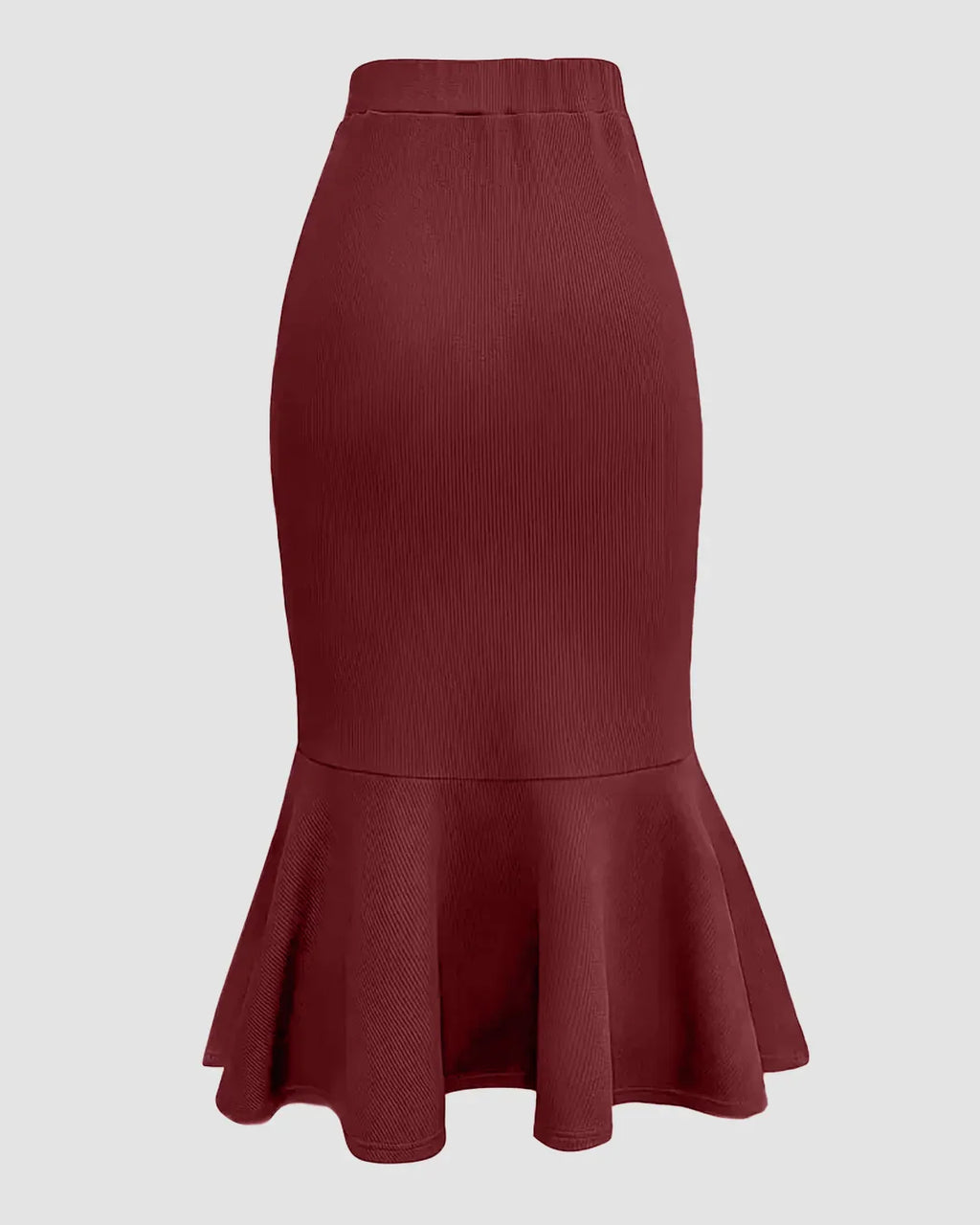 High-Waist Ruched Mermaid-Hem Midi Skirt in Maroon