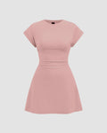 Rose Short Sleeve Crew Neck Cinched Waist A-Line Skater Mini Dress