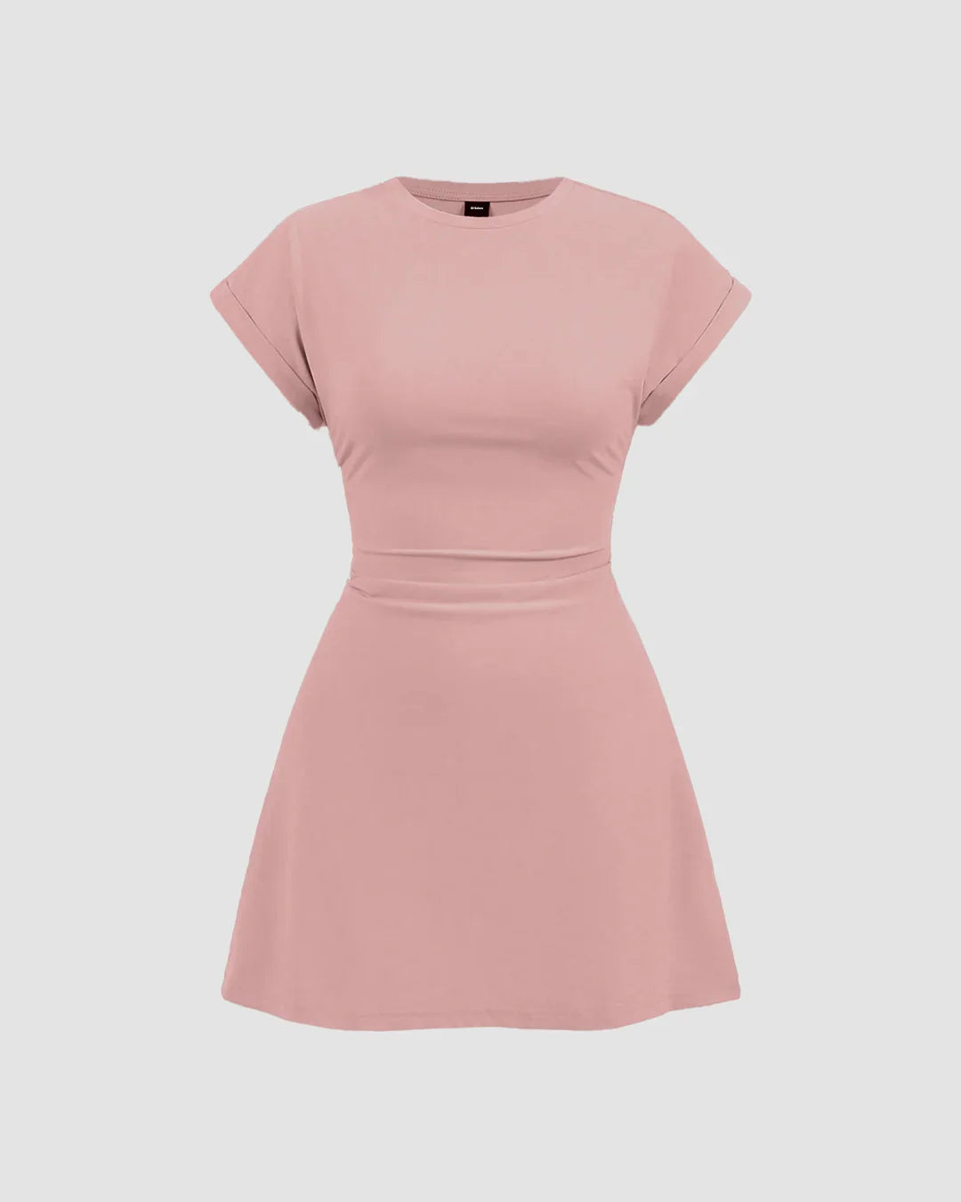 Rose Short Sleeve Crew Neck Cinched Waist A-Line Skater Mini Dress