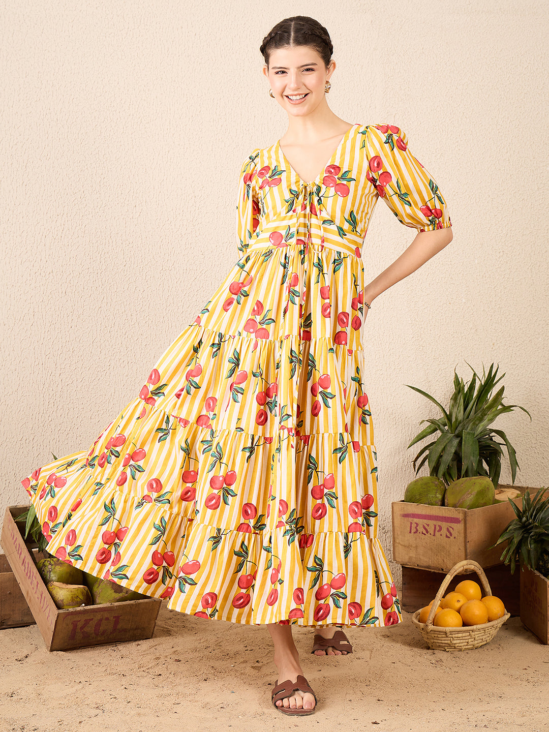 Pure Cotton Neck Tie Up Maxi Dress