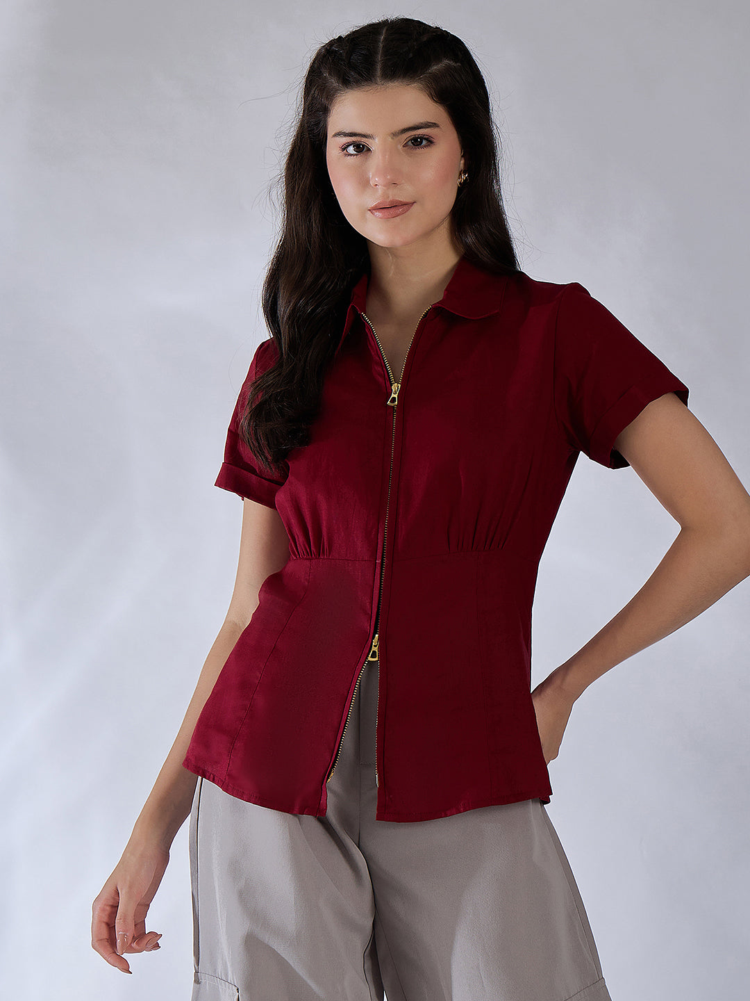 Zip-Through Fitted Cotton Top - Pinkkup