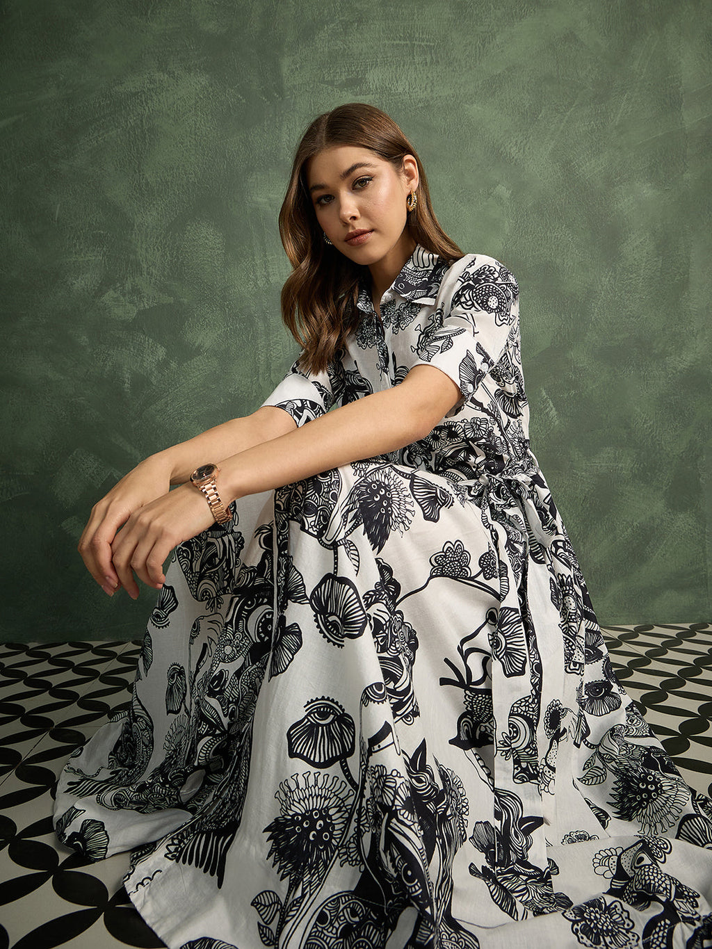Pure Cotton Buttoned Down Shirt Dress With Belt