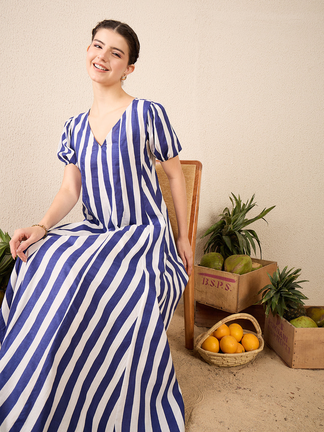 Puff Sleeve A-Line Pure Cotton Maxi Dress