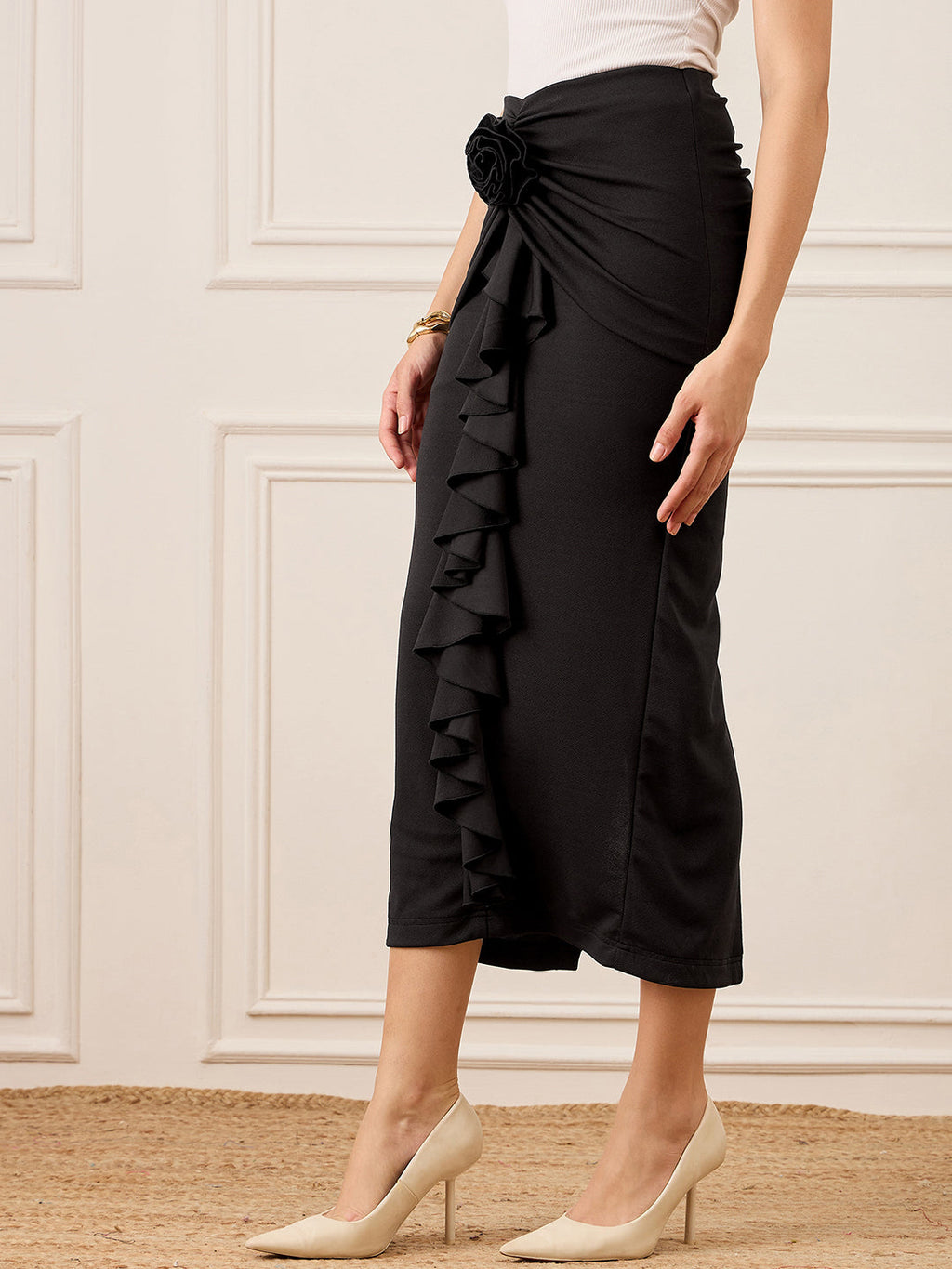 Stretchable Ruffle Rosette Midi Skirt