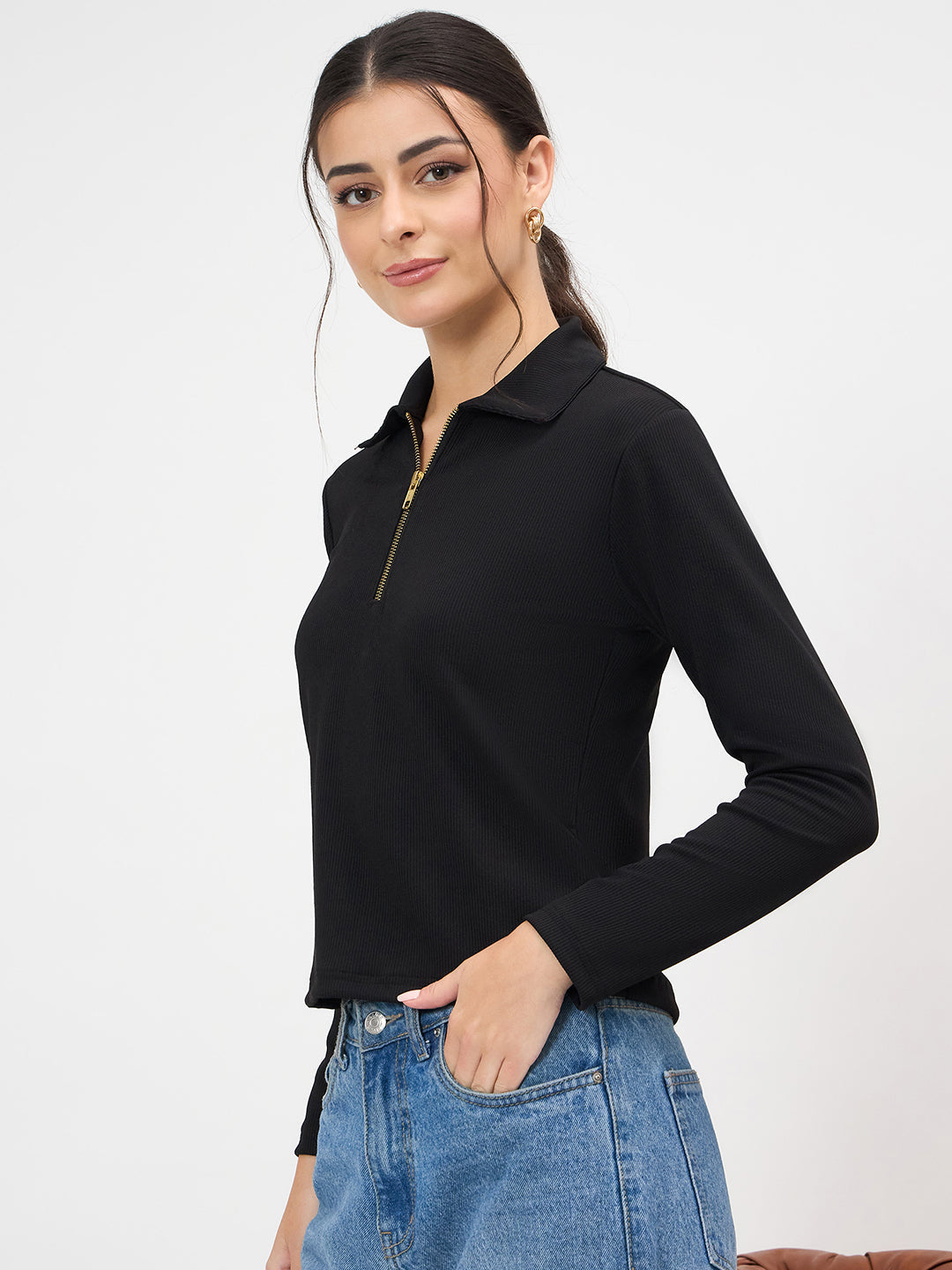 Stretchable Full Sleeves Front Zip Up Top
