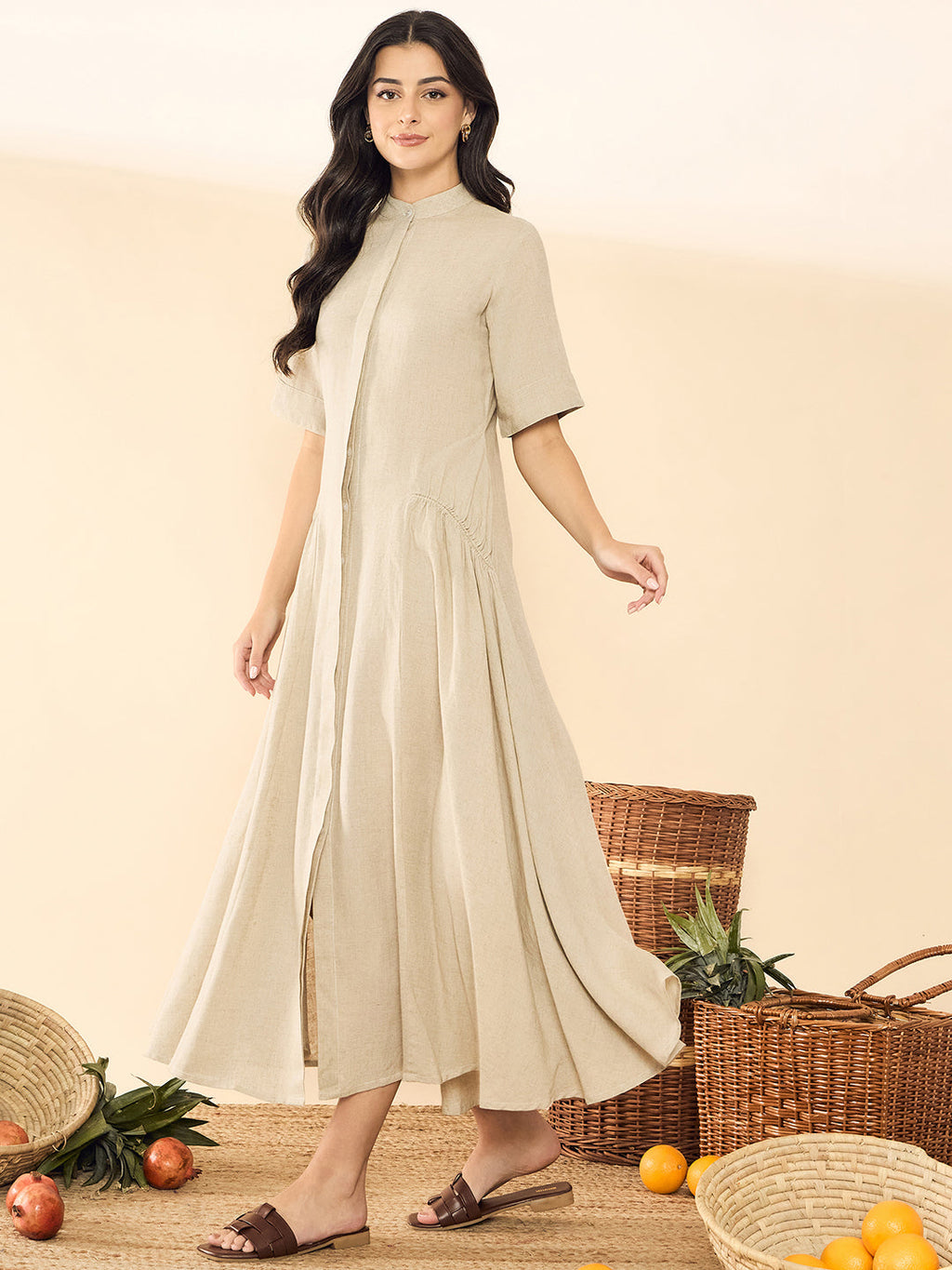 Pure Cotton Shirt Dress With Gathered Detailing