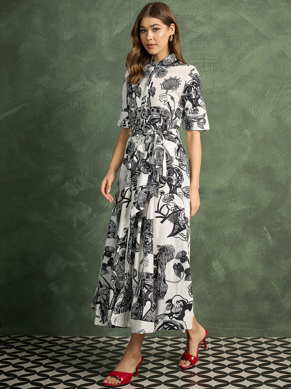 Pure Cotton Buttoned Down Shirt Dress With Belt