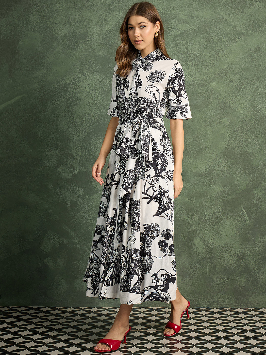 Pure Cotton Buttoned Down Shirt Dress With Belt