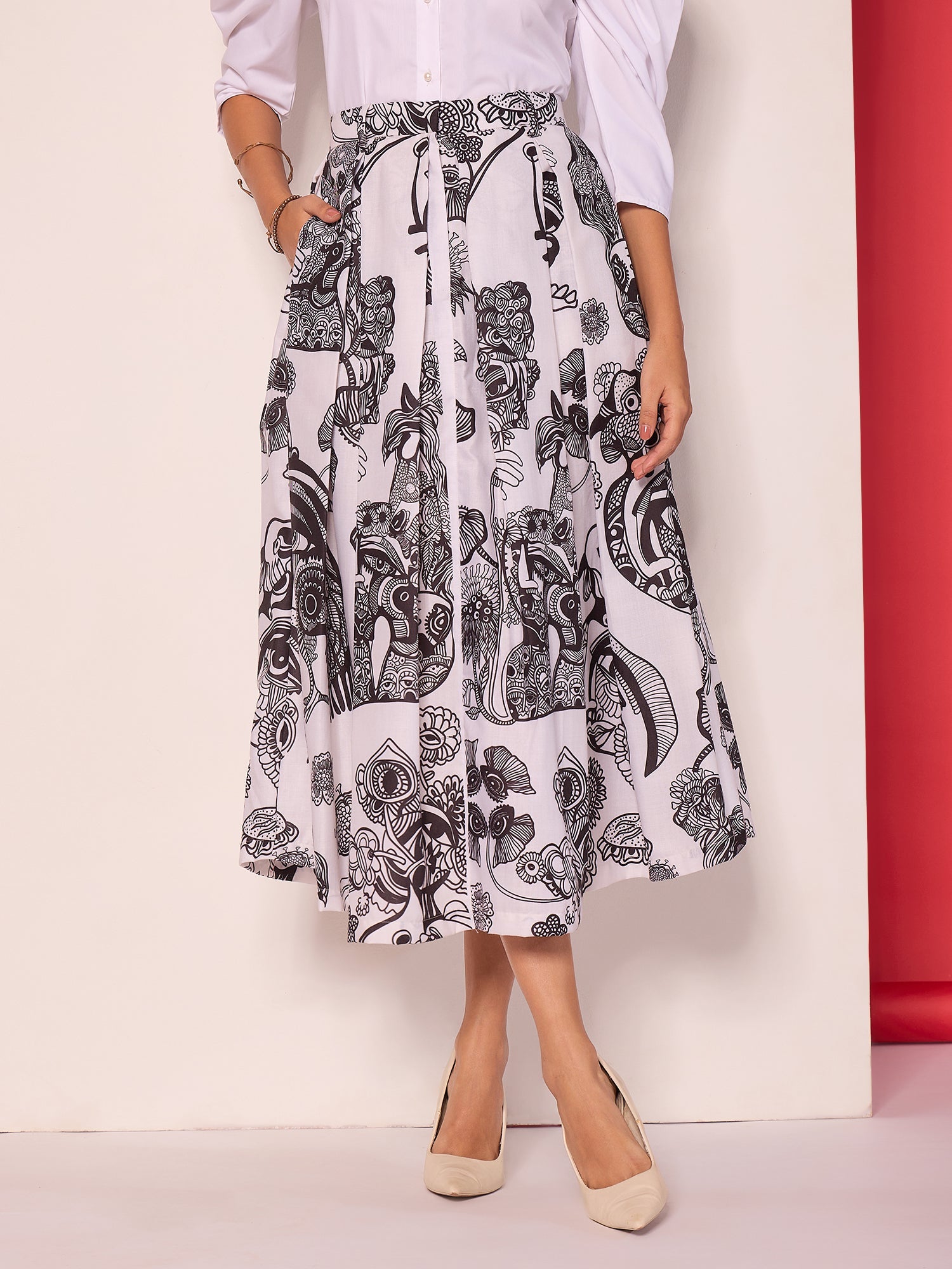 Box Pleated Linen Midi Skirt