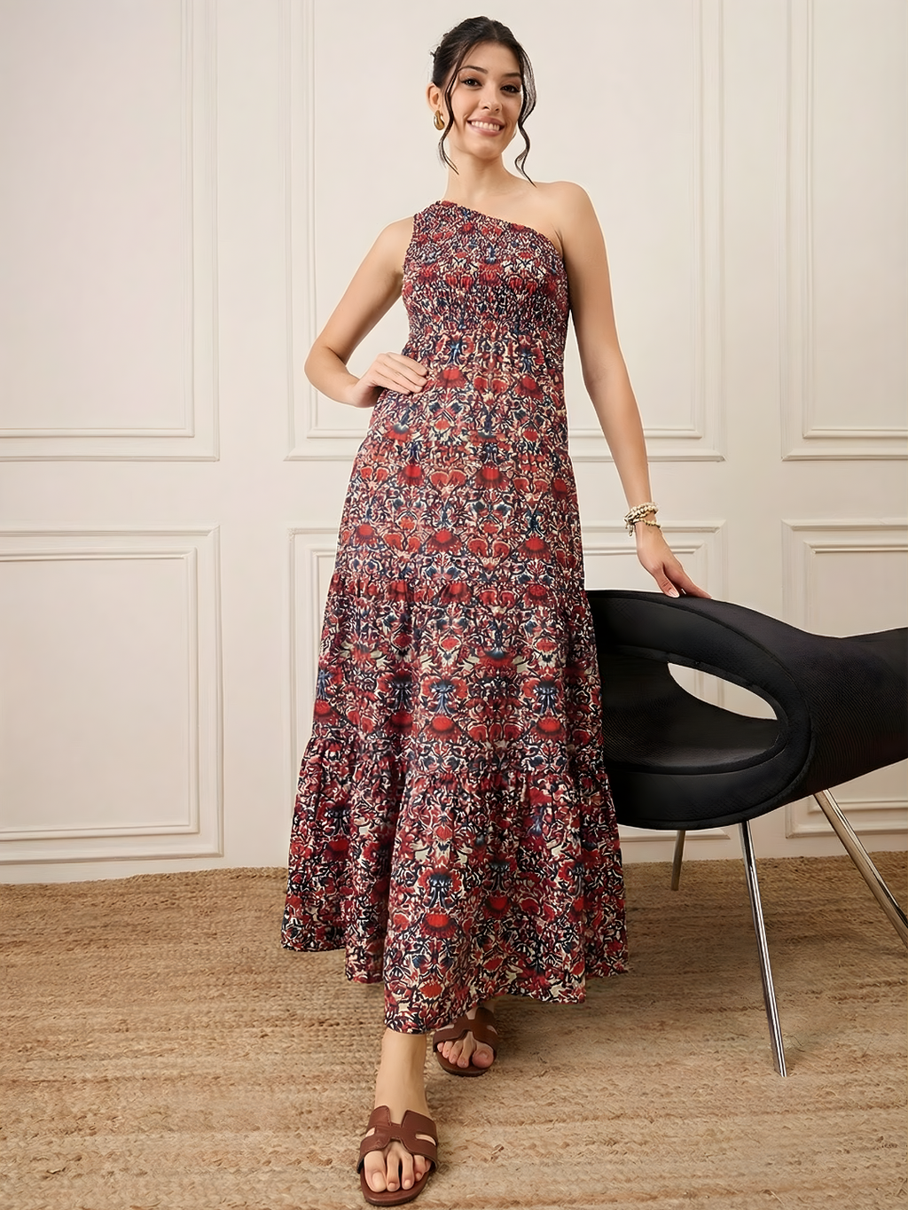 One Shoulder Smocked Maxi Dress