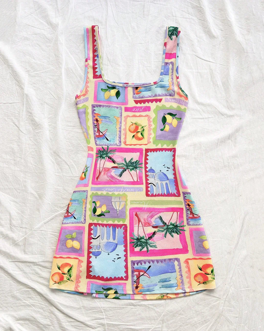 Y2K Travel Print Scoop Neck Mini Dress