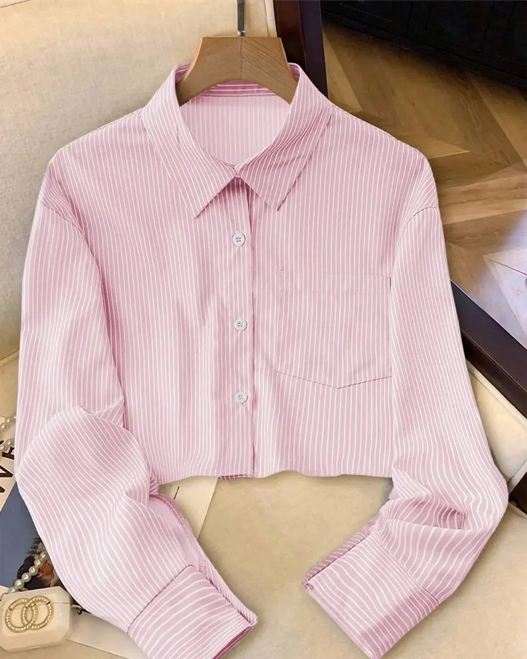 Striped Crop Shirt with Button Front and Collar