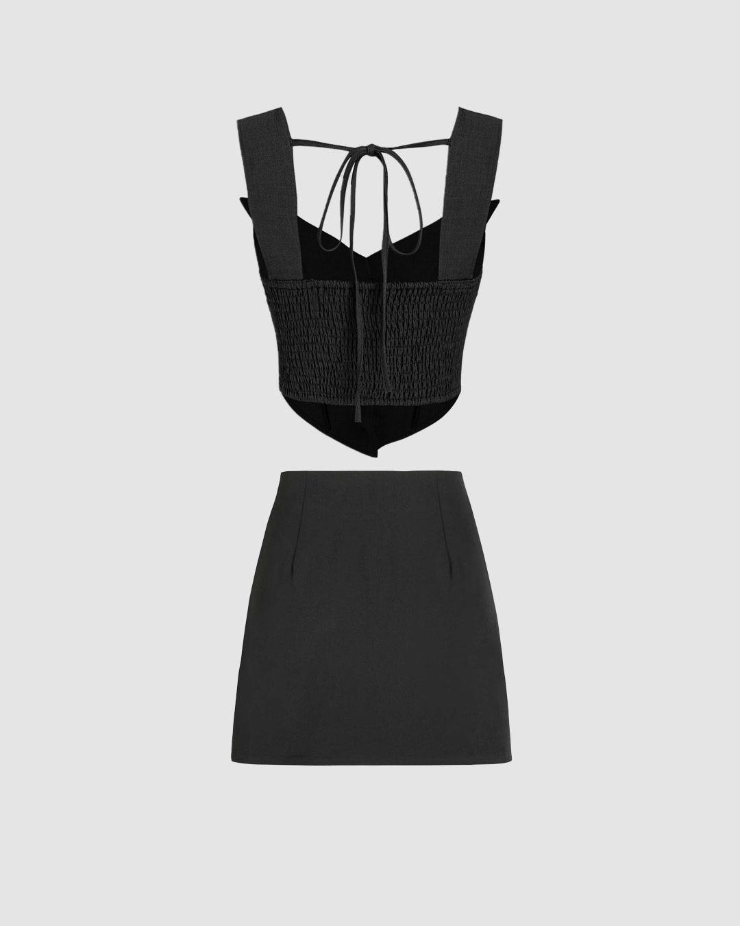 Solid Button Front Crop Vest Blazer & Split Skirt