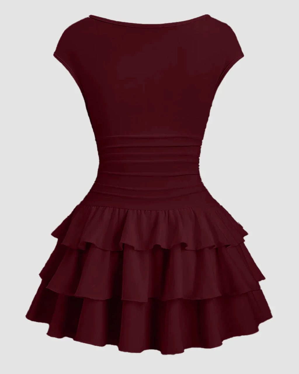 Ruched Waist Tiered Ruffle Mini Dress in Cherry