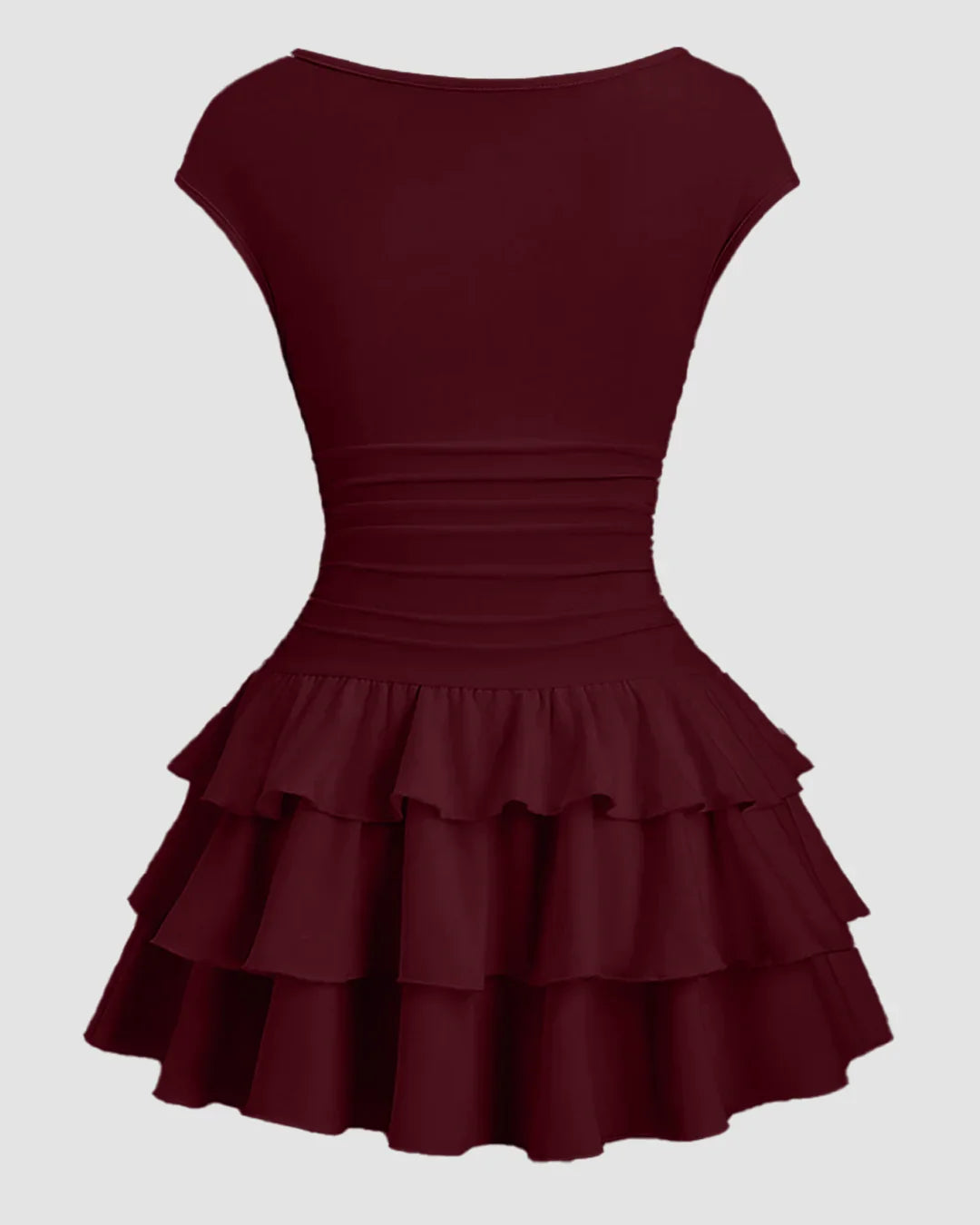 Ruched Waist Tiered Ruffle Mini Dress in Cherry