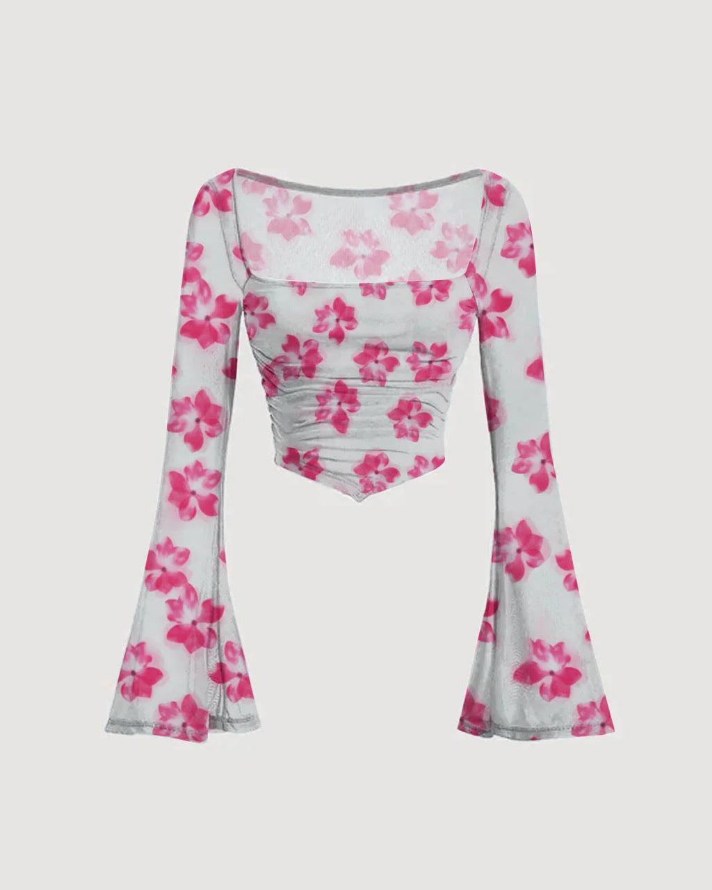 White and Pink Floral Mesh Bell Sleeve Top