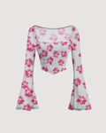 White and Pink Floral Mesh Bell Sleeve Top