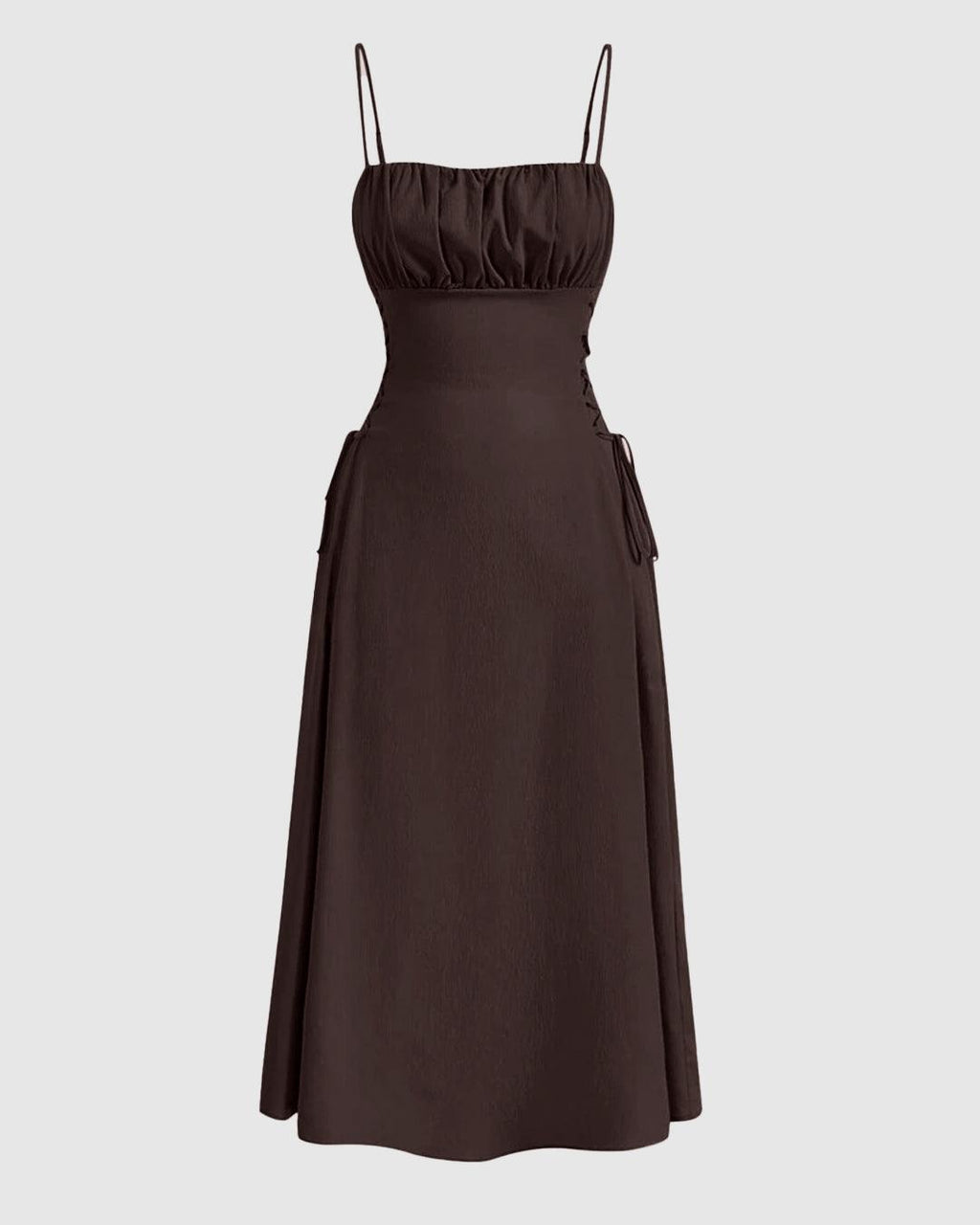 Ruched Bust Lace Up Side Spaghetti Straps Coco Brown Cami Dress