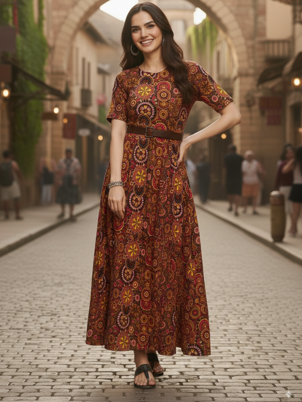 Printed Maxi Dress with Belt - Pinkkup