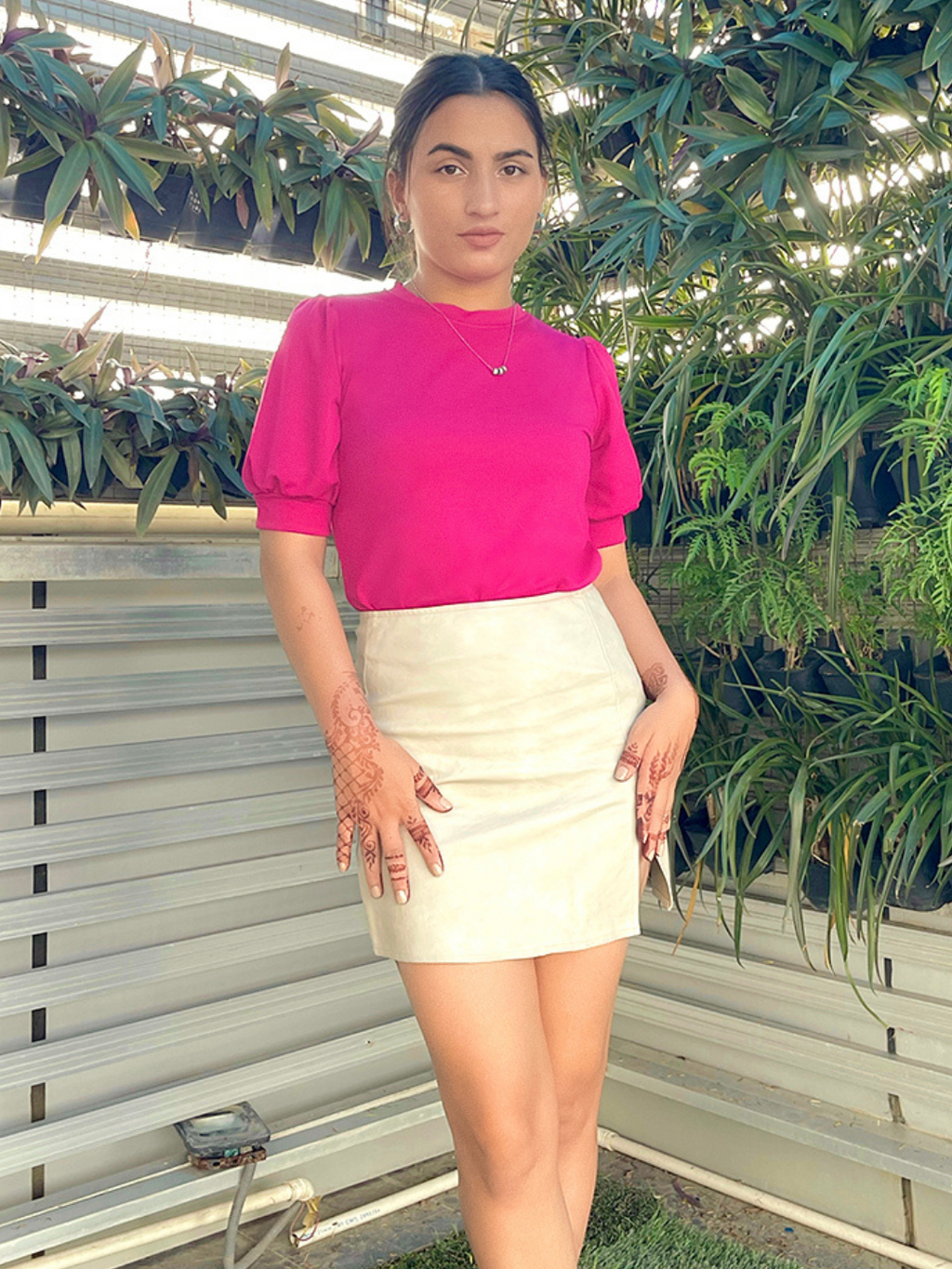 Cotton Solid Stretchable High Neck Puff Sleeve Top - Pinkkup