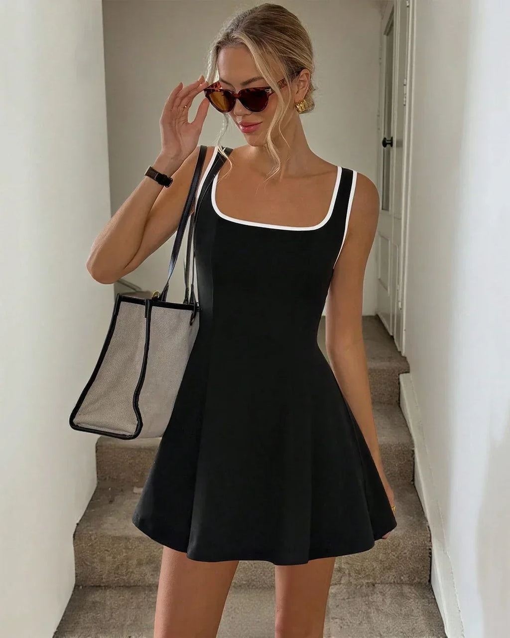 Square Neck Contrast Trim Fit & Flare A-Line Mini Dress