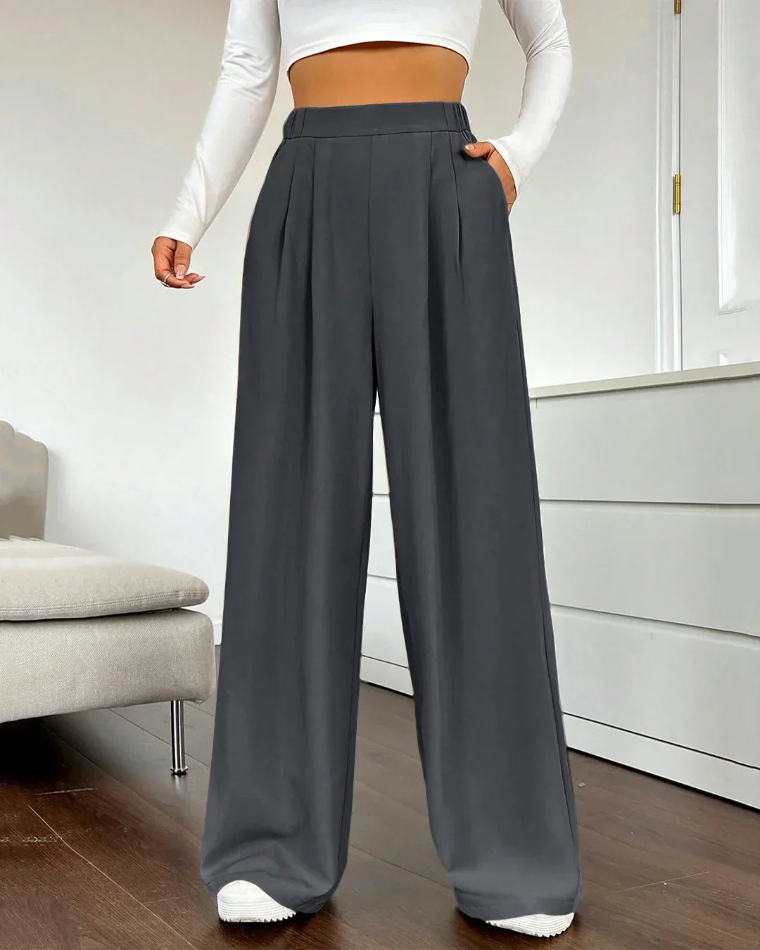 High-Rise Wide-Leg Trousers with Pockets in Dark Grey