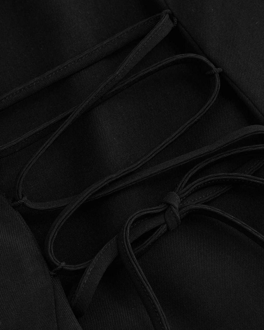 Woven Collar Solid Lace Up Button Blazer In Black